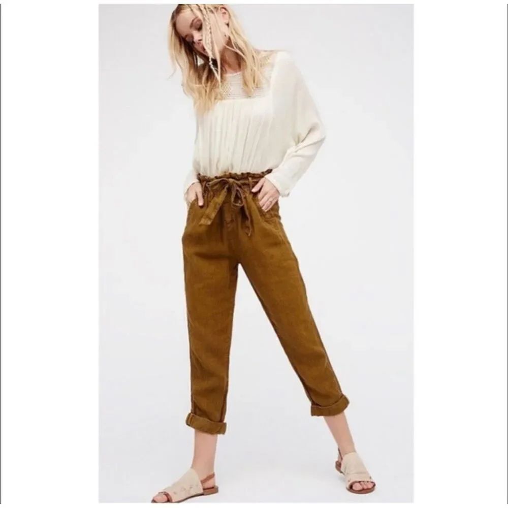 Free People Paper Bag Slouchy Belted Brown Pants Women's 4 Indie Boho Cotton